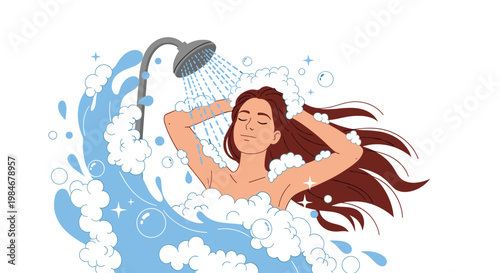 Relaxed young woman with long brown hair washes herself in the shower surrounded by plenty of fluffy white soap bubbles and water.