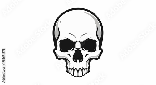Stylized, monochromatic skull with dark eye sockets and sharp teeth