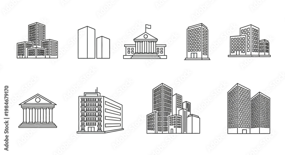 Fototapeta premium Collection of stylized linear illustrations of various building types and cityscapes for architectural and urban design projects