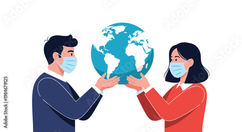 Man and woman wearing protective medical face masks hold the planet Earth together in a symbol of global health and cooperation.