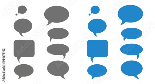 Collection of blue and gray speech bubble icons representing communication and conversation, ideal for online messaging and user interface design elements