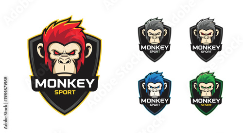 Collection of monkey sport logo designs featuring aggressive ape heads on shields in various color schemes for gaming or athletics.