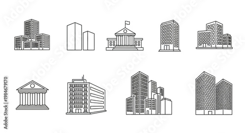 Collection of stylized linear illustrations of various building types and cityscapes for architectural and urban design projects