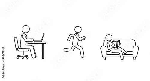 Stick Figures Depicting Work Exercise and Relaxation Activities.