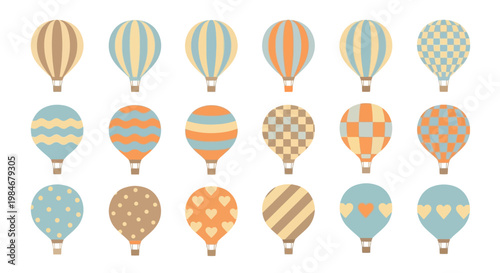 Collection of decorative hot air balloons in various patterns and pastel colors, perfect for design projects