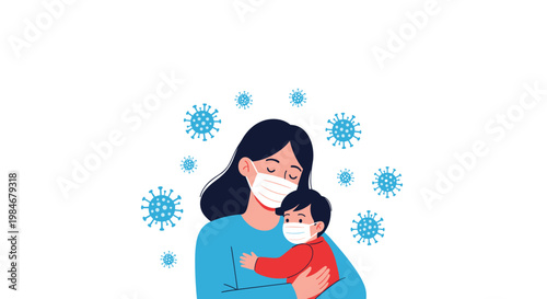 Caring mother wearing a protective mask hugs her small child while surrounded by floating virus icons to represent family health.