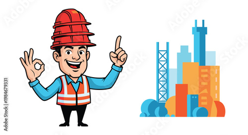 Cheerful construction worker wearing multiple orange hard hats gives an okay sign with a city skyline and cranes in the background.