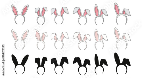 Collection of illustrated bunny ear headbands in various styles and colors