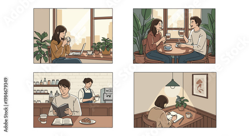 Lifestyle series showing people in a cafe environment drinking coffee, working on laptops, reading books, and socializing together.