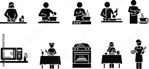 Kitchen and cooking icons set illustrating food preparation baking dining and beverage service