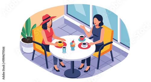 Two stylish women sit at a round table on a cafe terrace enjoying coffee and desserts while having a pleasant conversation together.