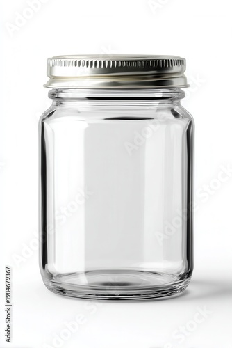 Clear glass jar with metal lid stands alone