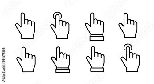 Versatile collection of human hand pointer and tap gesture line icons for digital interfaces, user experience design, and interactive web elements