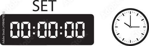 Digital timer and analog clock on white background digital clock