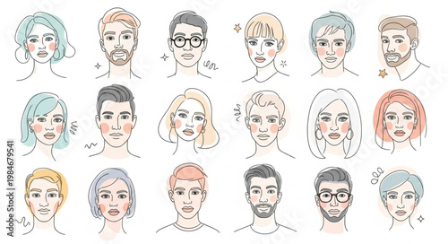 Collection of Diverse Hand Drawn Faces Expressing Various Emotions.