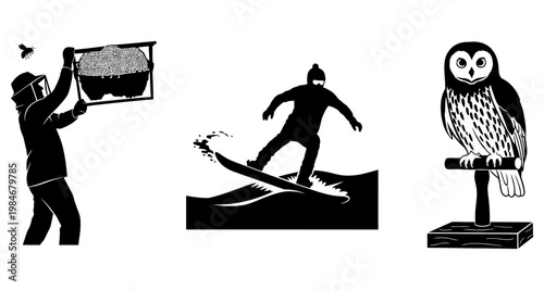 Beekeeper holding honeycomb with bees against white background and surfer on wave with owl on perch silhouettes