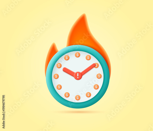 Fire flames with a clock with hands inside in a minimalist cartoon style. Limited time concept. Vector 3D illustration.