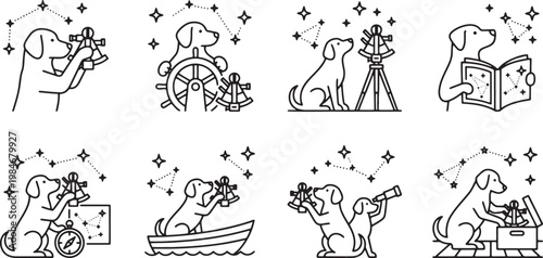 Nautical dogs navigating by stars with sextants and ship wheels