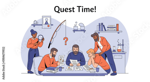 Diverse group of people collaborate around a table filled with documents and books for a quest time team building activity.