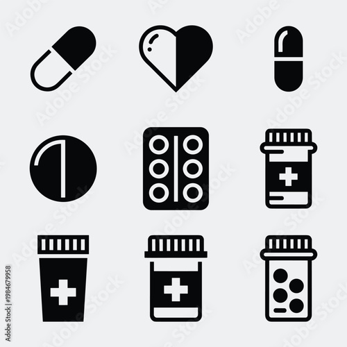 Healthcare and pharmacy icon collection with medical bottles pharmaceutical tablets and capsules