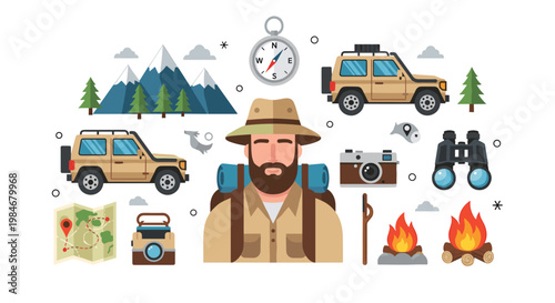 Experienced explorer with a beard and backpack is surrounded by various camping icons such as a compass, camera, and map.