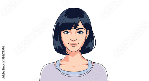 Close up portrait of a young woman with a stylish black bob haircut and a purple shirt looking forward with a calm smile.
