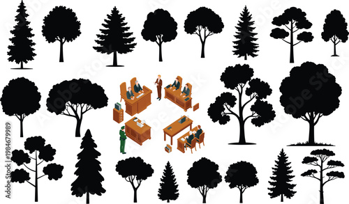 Isometric courtroom trial scene surrounded by tree silhouettes for legal business illustration