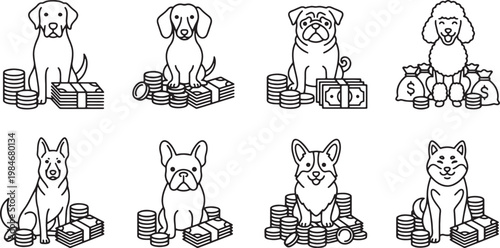Rich dog breeds sitting on large piles of cash and coins