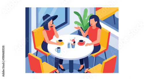 Two female friends wearing red tops and hats sit at a cafe table and enjoy coffee while having an engaging conversation.