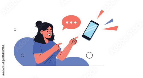 Excited woman points her fingers toward a floating smartphone screen surrounded by notification dots and abstract shapes.
