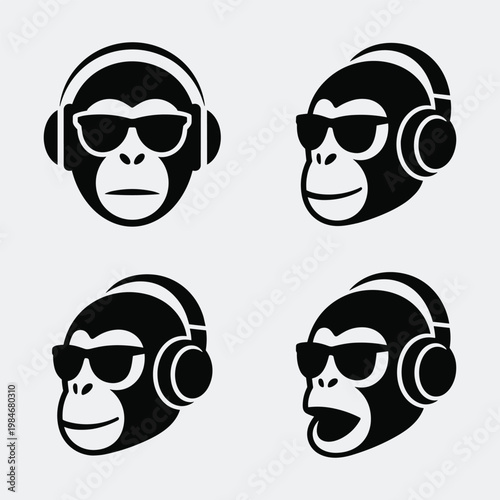 Vector icons of chimpanzee heads wearing headphones and sunglasses with chimpanzee, headphones