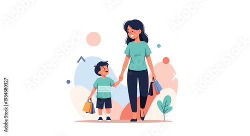 Happy mother and her young son walk together while holding hands and carrying several colorful shopping bags from the mall.