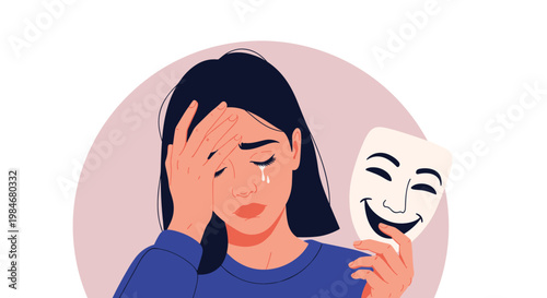 Sad woman with tears in her eyes holds up a smiling mask in front of a pink circular background to hide her true feelings.