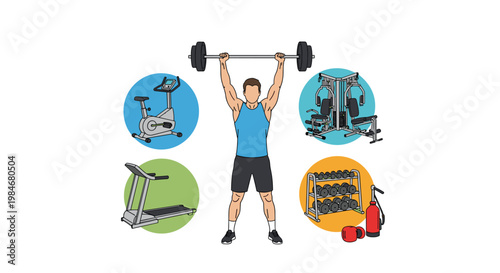 Strong man lifts a heavy barbell over his head while surrounded by icons for various gym equipment and fitness training.