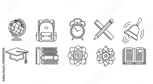 A versatile collection of minimalist line art icons for education and school, including essential symbols for learning, science, and academics