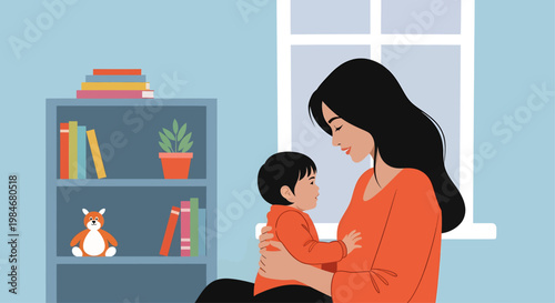 Tender moment of a loving mother embracing her infant child in a comforting home setting, highlighting the warmth of family, care, and early bonding experiences