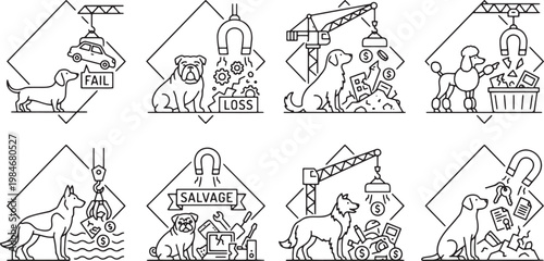 Industrial salvage and recycling icons featuring hardworking dog characters