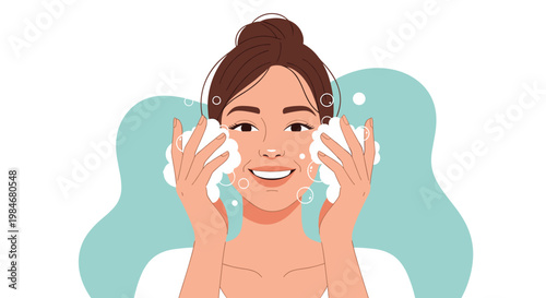 Young happy woman washing her face with cleansing foam and bubbles to maintain healthy skin and clear complexion.