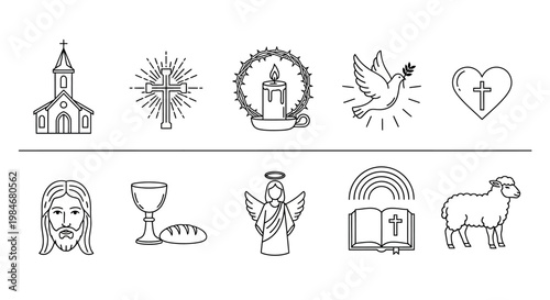 Set of Christian religious icons featuring a church, cross, candle, dove, heart, Jesus, chalice, angel, Bible, and sheep