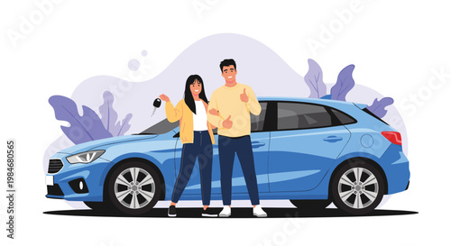 Happy young couple standing next to their new blue hatchback car while holding keys and showing a thumbs up sign.