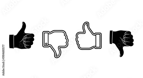 A set of four simple black and white icons representing thumbs up and thumbs down gestures for approval or disapproval, perfect for rating systems or feedback