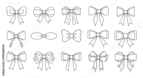 Elegant Hand-Drawn Outline Collection of Decorative Ribbon Bows Perfect for Gift Wrapping, Holiday Embellishments, and Special Occasion Designs