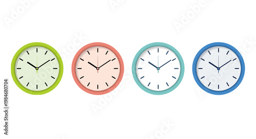 Four colorful wall clocks displaying different times, providing a visual representation of time management and scheduling