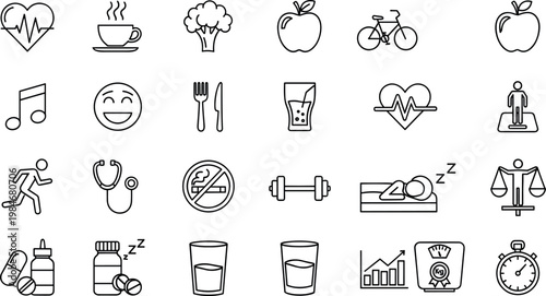 Healthy Lifestyle and Wellness Line Icon Set Featuring Fitness Nutrition Medical Care Mental Health and Daily Habit Symbols for Healthcare Apps and Website DesignHealthy Lifestyle and Wellness Line Ic