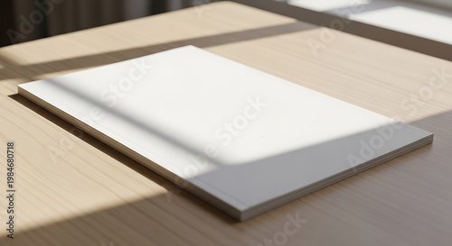 Blank white book or magazine cover resting on a wooden surface with soft light and shadows