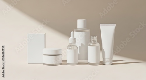 Minimalist skincare product line with clean, white packaging on a neutral background with natural light