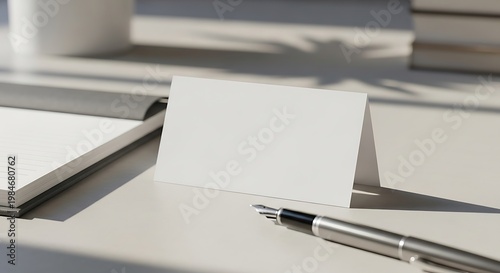 Blank business card on a desk next to a pen and notebook, ready for text