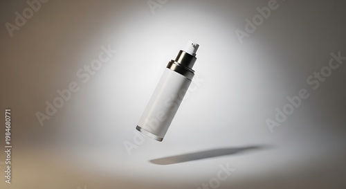A white cosmetic bottle with a silver cap floats in the air against a soft gradient background with spotlight illumination