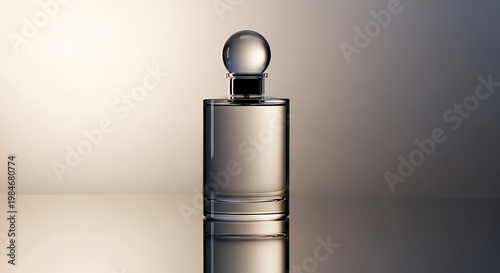 Luxury clear glass perfume bottle with round cap, reflecting on a glossy surface