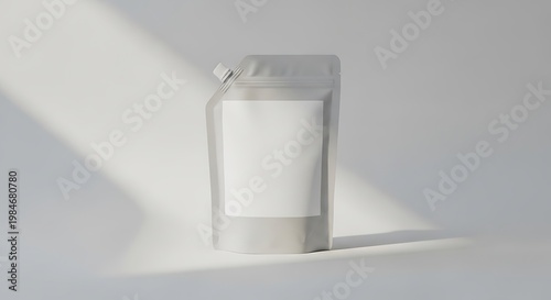 A clean, minimalist product mockup of a translucent stand-up pouch with a white label on a seamless white background with soft natural light casting shadows